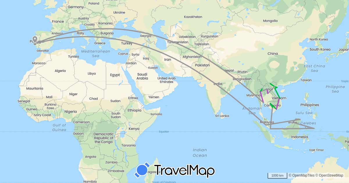 TravelMap itinerary: driving, bus, plane, train in Brunei, Indonesia, Cambodia, Laos, Malaysia, Portugal, Singapore, Thailand, Vietnam (Asia, Europe)